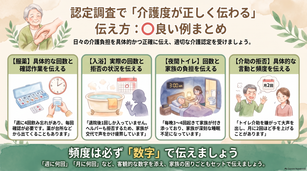 認定調査で介護度が正しく伝わる良い伝え方の例。服薬・入浴・夜間トイレ・介助の拒否の4つを具体的な頻度で伝える