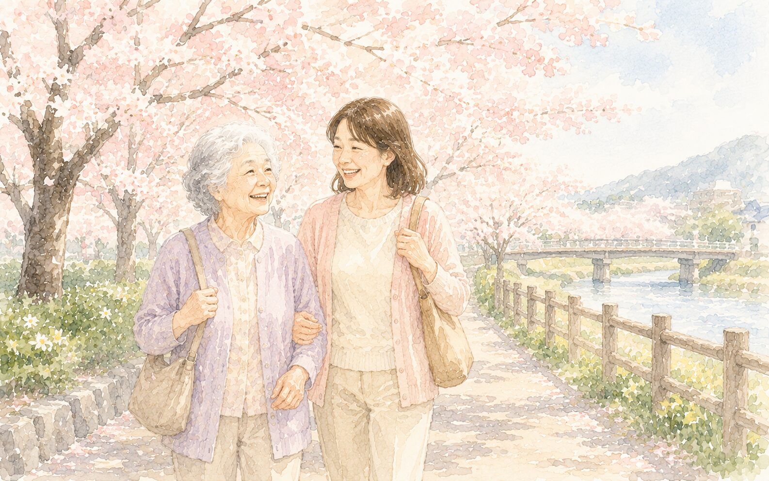 桜の下を歩く高齢女性と娘