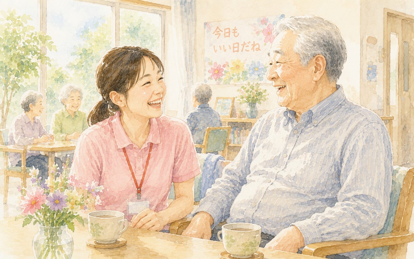 デイサービスで笑顔の高齢男性とスタッフ