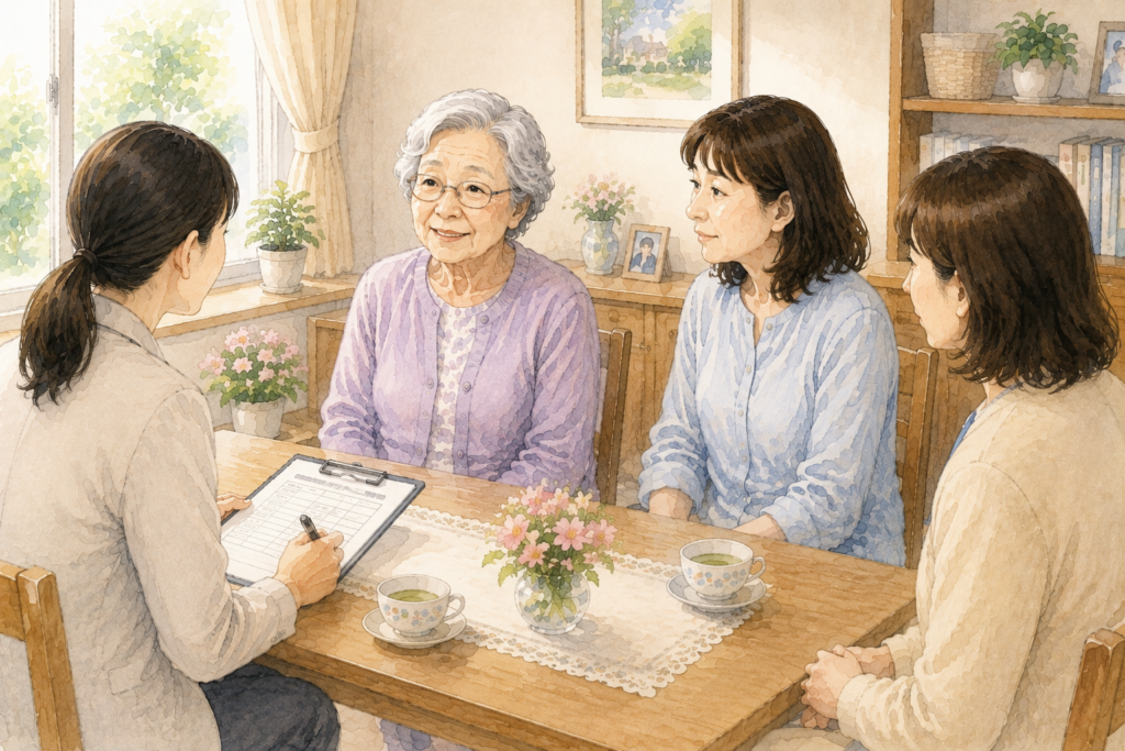 認定調査で「1人でできます」と答える高齢の女性と、それを見守る家族のイラスト