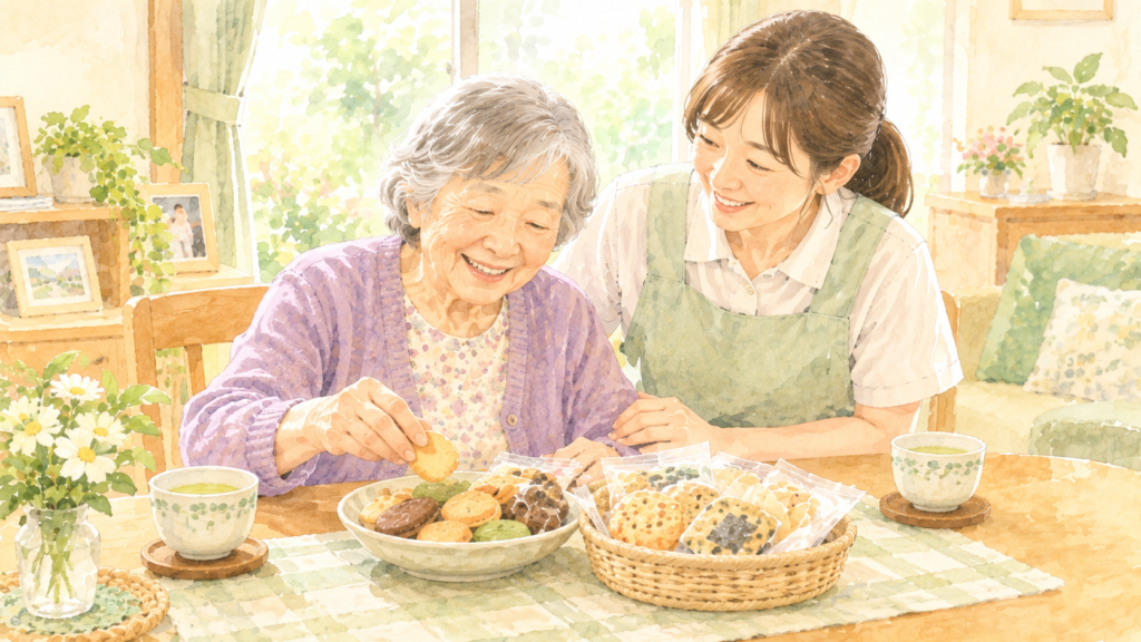 グループホームで好きなお菓子を選ぶ高齢の女性と、寄り添う職員