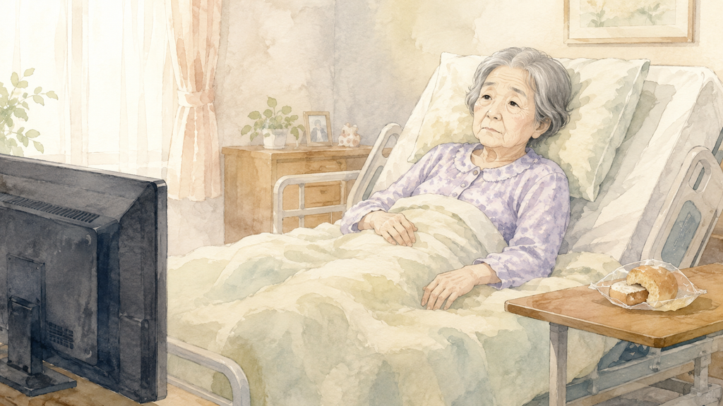 ベッドに寝たままテレビを見る高齢の女性。テーブルには食べかけのあんぱん