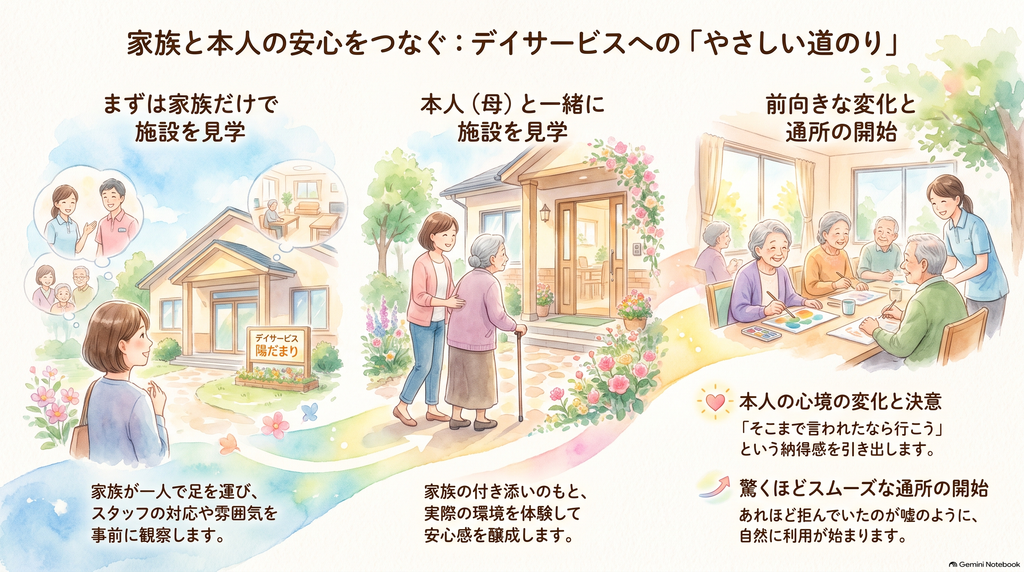 デイサービス通所までの3ステップ。家族だけで見学、本人と見学、通所開始の流れを示した図解
