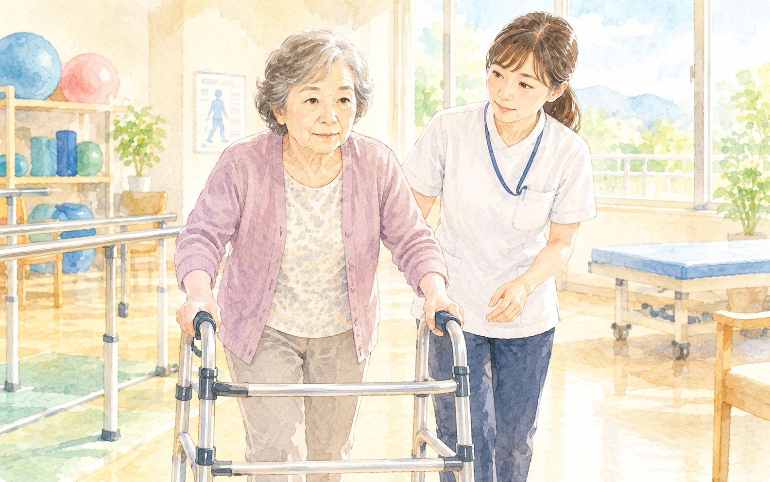 リハビリ室で歩行器を使って歩く練習をする高齢の女性と、見守る理学療法士