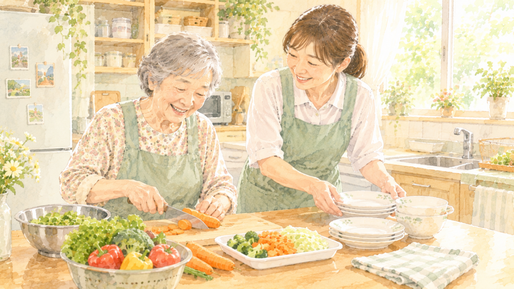 グループホームの台所で、入居者と職員が一緒に食事の準備をする様子
