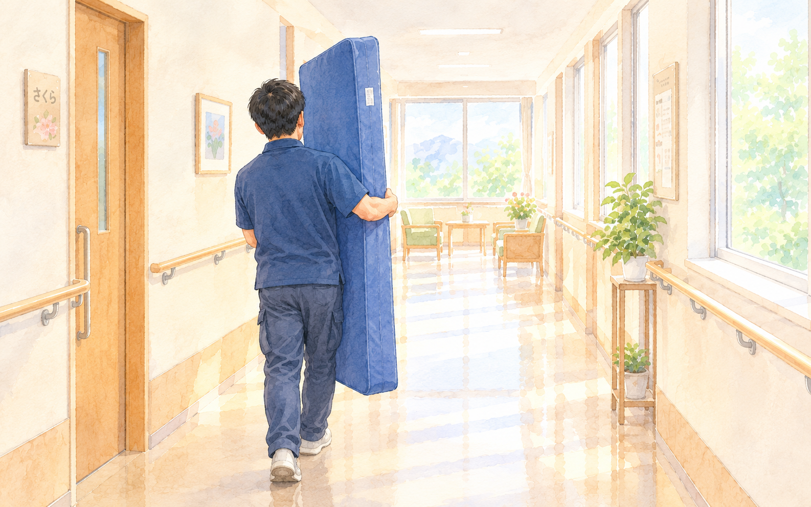 介護施設の廊下で、厚みのある介護用マットレスを縦に抱えて運ぶ福祉用具担当者の後ろ姿