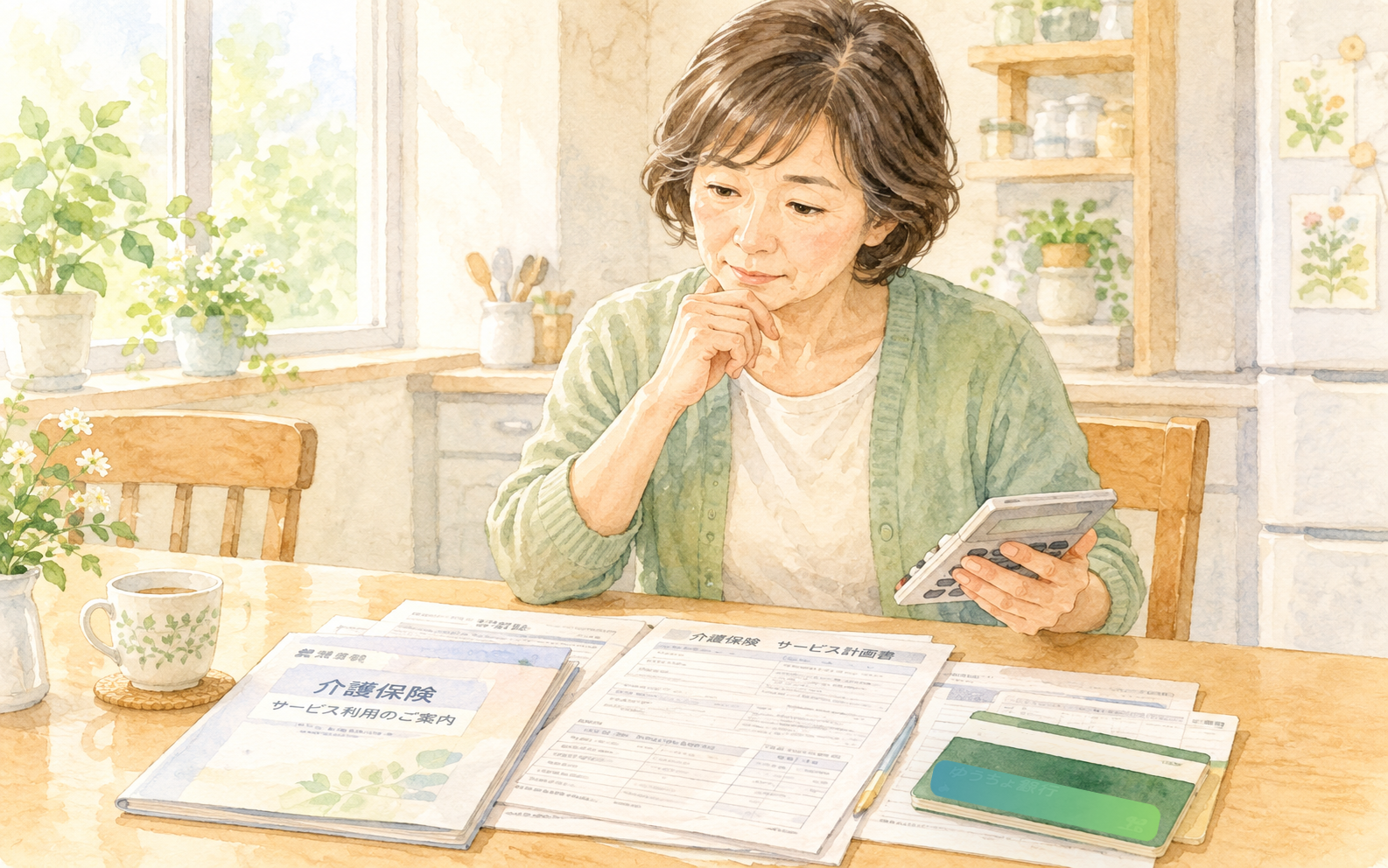 台所のテーブルに介護保険の書類を広げ、電卓を手に費用を計算している60代の女性